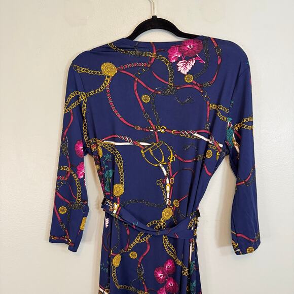 JustFab Mini Wrap Dress XL Blue Multi Chain Floral Tie Waist Surplice Equestrian - Picture 4 of 8